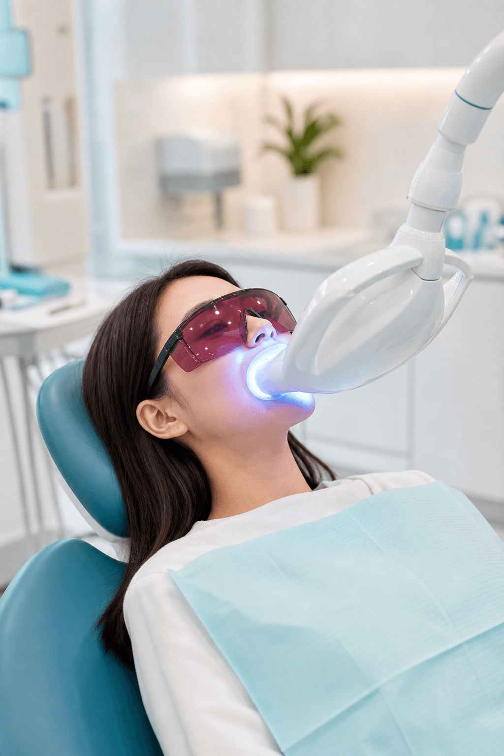 Patient receiving teeth whitening care in a modern clinic